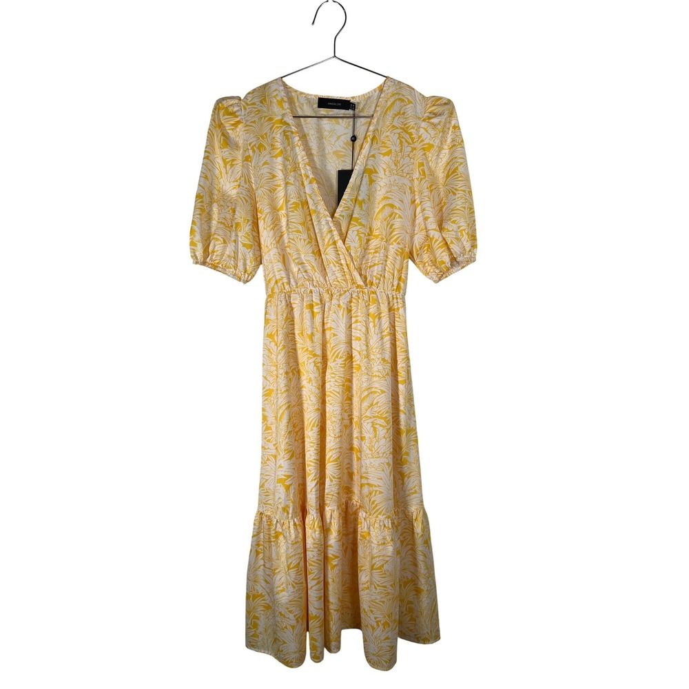 Angeleye Yellow White Palm Print Wrap Midi Dress‎ Summer Tropical Size 10